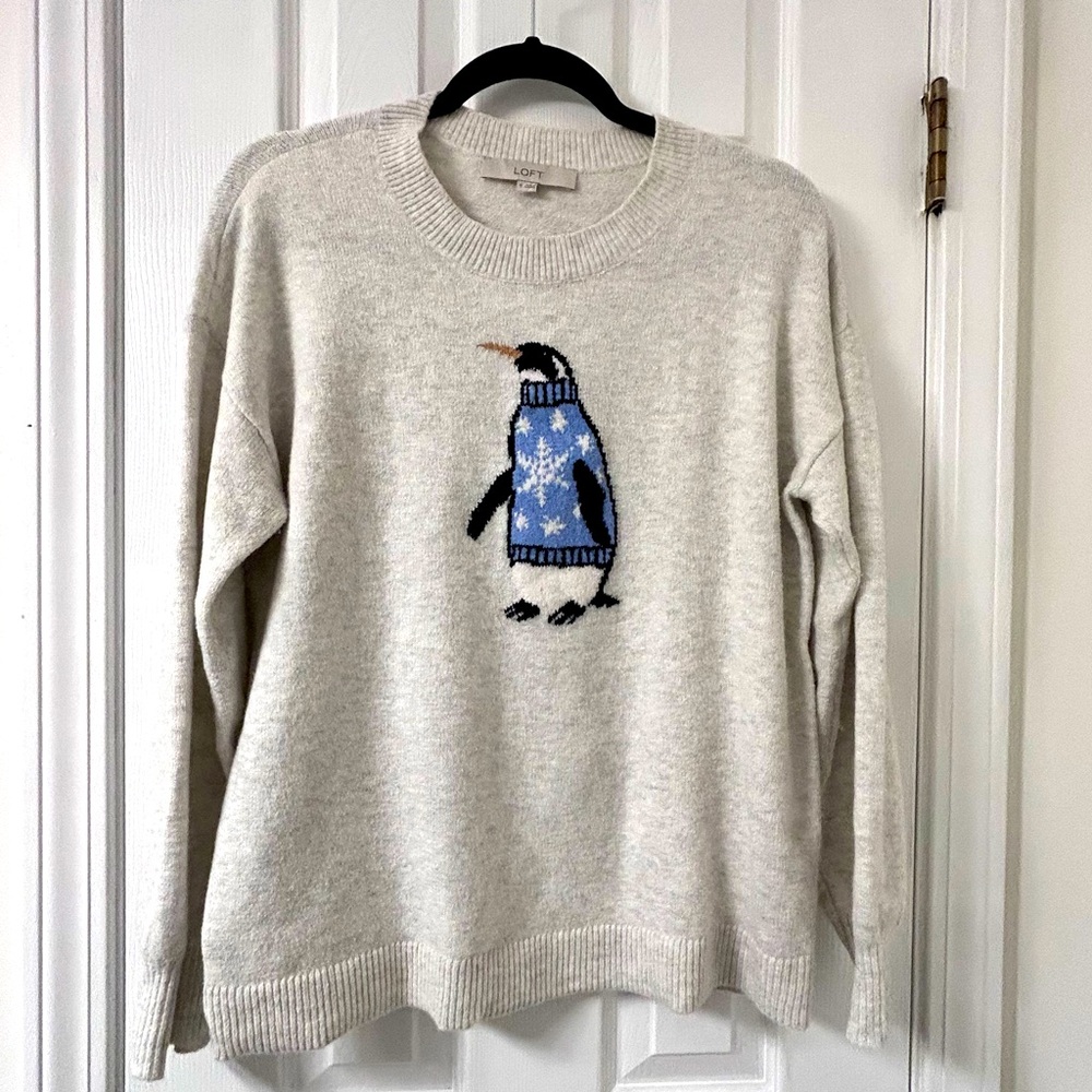LOFT Cream and Blue Crewneck Sweater with Penguin Design